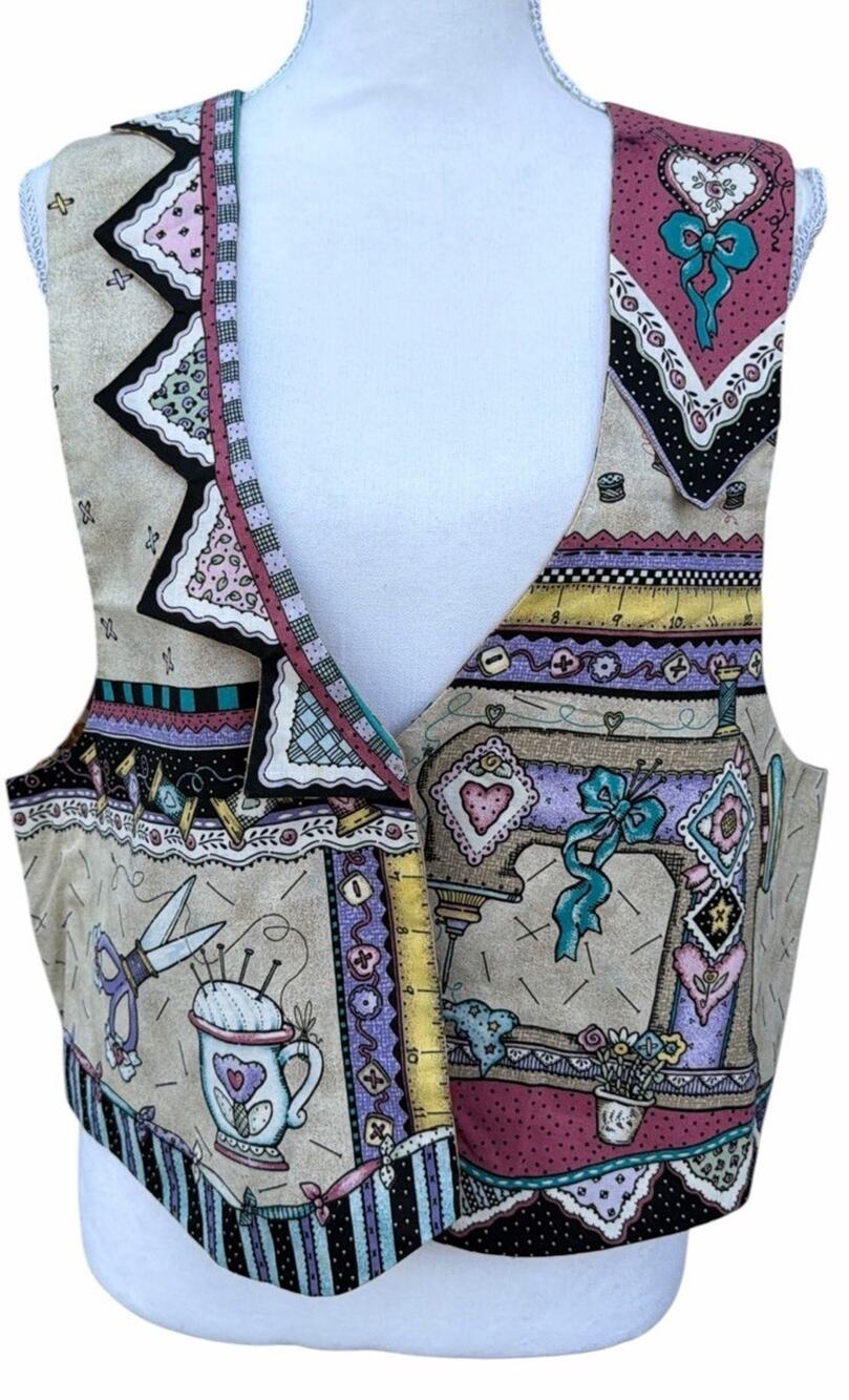 Vintage 80s Sewing Theme Vest Large Reversible Cotton Grandma Core Notions